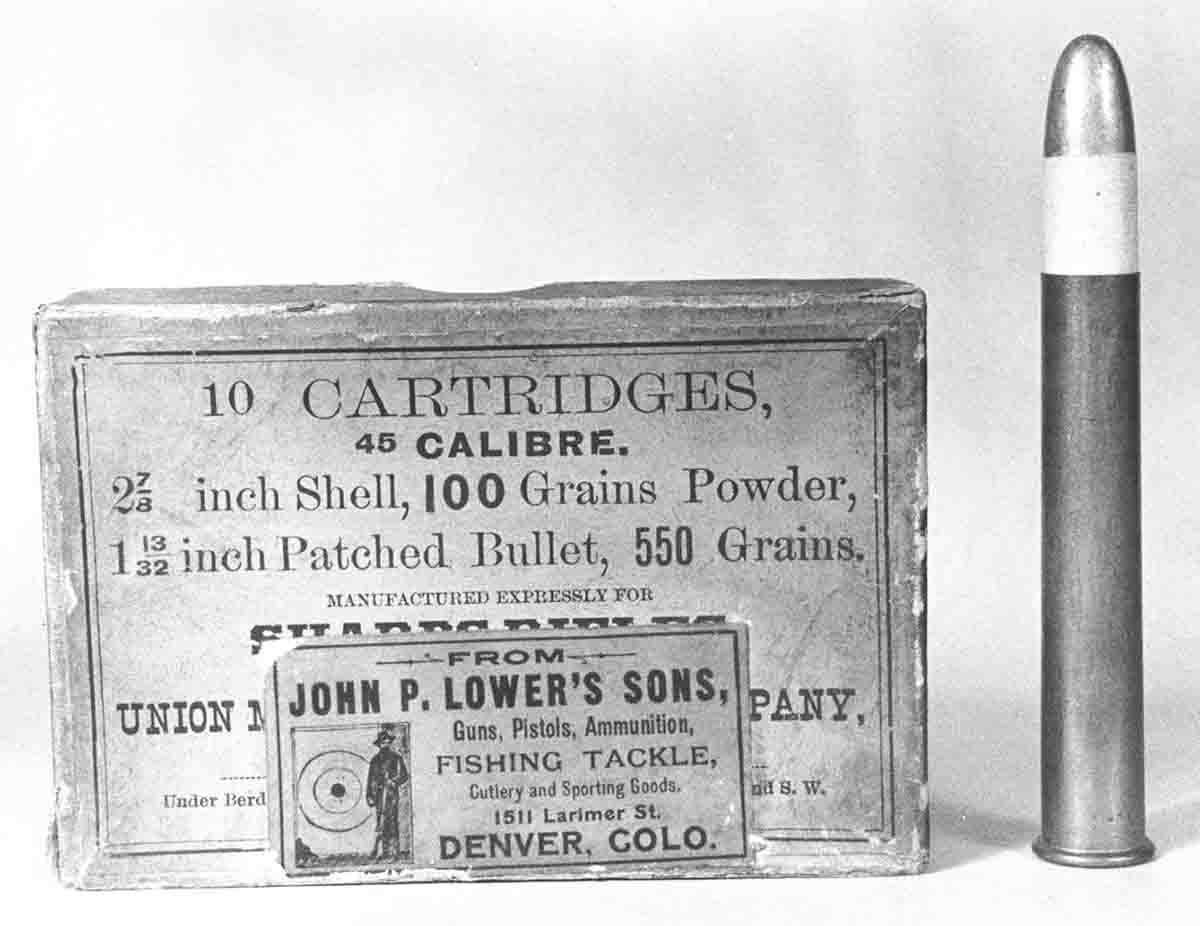 This Union Metallic Cartridge Company’s box for the Sharps .45-27⁄8 inch (now called .45-110) shows bullet length as 113⁄32 inches.)